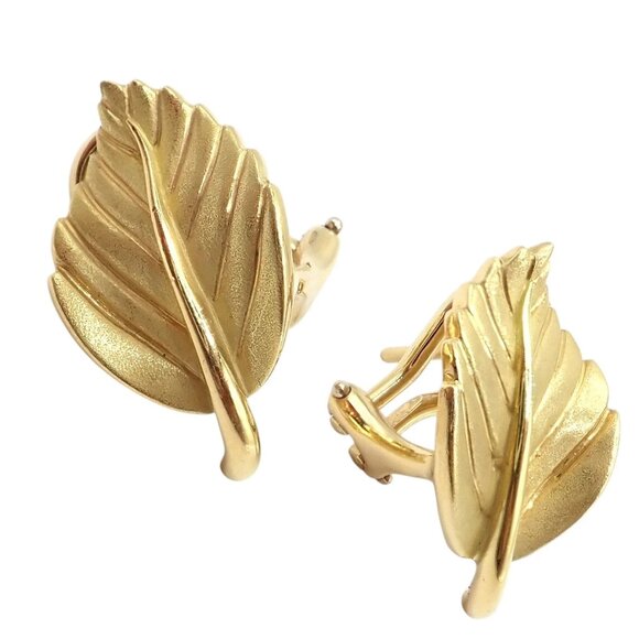 Vintage! Authentic Tiffany & Co Leaf 18k Yellow Gold Earrings 2003 - Picture 1 of 10